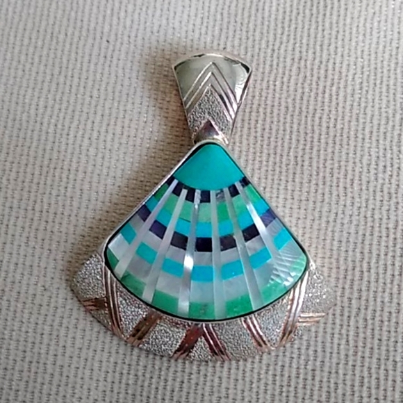 C. POLLACK TURQUOISE & STERLING SILVER FAN PENDENT - Picture 3 of 8